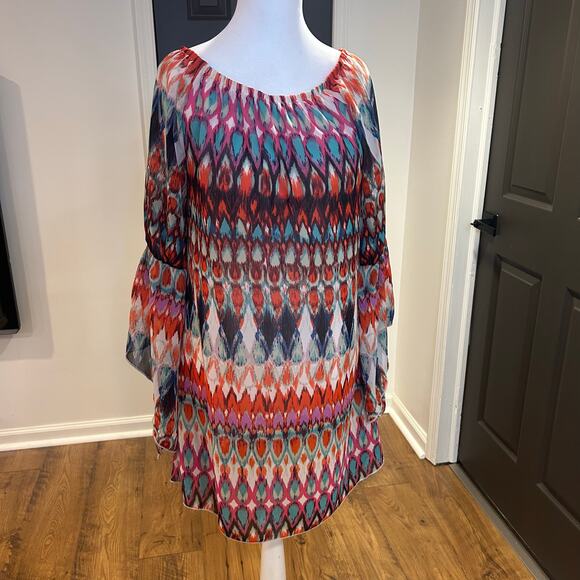TRUTH Sz L  Psychedelic Colorful Exaggerated Flutter Slv Fairy Shift Dress - Picture 1 of 8
